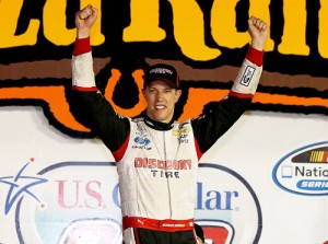 Brad Keselowski celebrates in victory lane after winning Saturday's NASCAR Nationwide Series race at Iowa Speedway.  Photo by Sean Gardner/NASCAR via Getty Images