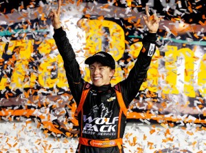 Brandon Jones celebrates his Autolite Iridium XP 150 victory on Friday night in Iowa Speedway, his first NASCAR K&N Pro Series win.  Photo by Getty Images for NASCAR