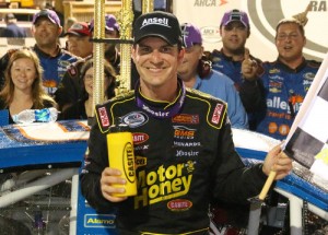 Grant Enfinger celebrates with his team in victory lane after scoring the ARCA Racing Series at Berlin Raceway on Saturday.  Photo courtesy ARCA Media