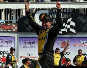 Marcos Ambrose celebrates in Victory Lane after winning Saturday's NASCAR Nationwide series race at Watkins Glen International.  Photo by Chris Graythen/NASCAR via Getty Images