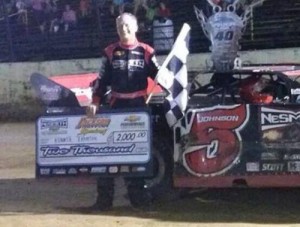 Ronnie Johnson celebrates in Victory Lane after driving to his sixth NeSmith Chevy Dirt Late Model Series win of the season on Friday night at Jackson Motor Speedway.  Photo courtesy MS Dirt Track Racing