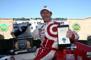 Scott Dixon celebrates in victory lane after scoring the win in Sunday's Verizon IndyCar Series race at Sonoma Raceway.  Photo by Chris Jones