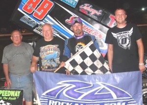 Tim Crawley and the Mike Ward Racing team celebrate their second straight Ellis Palasini Classic win Saturday night at Greenville Speedway.  Photo by Jacob Seelman