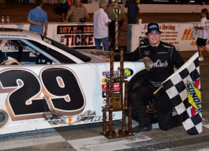 Anderson Bowen made the move to the lead with four laps remaining and went on to score the win in Saturday night's Alabama 200 at Montgomery Motor Speedway.  Photo courtesy MMS Media