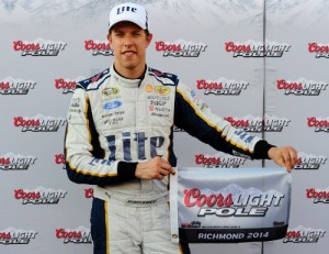 Brad Keselowski poses with the Coors Light Pole Award after qualifying for the pole for Saturday night's NASCAR Sprint Cup Series race at Richmond International Raceway.  Photo by Robert Laberge/NASCAR via Getty Images