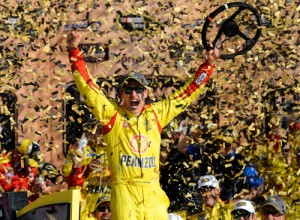 Joey Logano scored the victory in Sunday's NASCAR Sprint Cup Series race at Kansas Speedway.  Photo by Jared Tilton/Getty Images