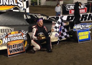 Austin Dillon celebrates in victory lane after scoring the DIRTcar Nationals opening night win for the DIRTcar UMP Modifieds at Volusia Speedway Park Tuesday.  Photo courtesy Team Dillon Racing