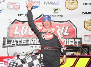 Billy Moyer won for a second time during Friday night's Lucas Oil Dirt Late Model Series make-up event for the rained out Monday night feature at East Bay Raceway Park.  Photo by Mike Horne