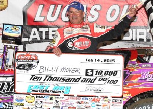 Billy Moyer won Saturday night's 50-lap, $10,000 to win Lucas Oil Late Model Dirt Series feature at East Bay Raceway Park.  It marked Moyer's third Winternationals 2015 win in five days.  Photo by Mike Horne