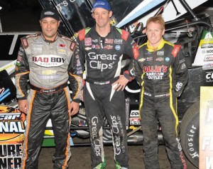 Daryn Pittman (center) edged out Donny Schatz (left) and Brad Sweet (right) for the UNOH All Star Circuit of Champions Sprint Car victory Thursday night at Volusia Speedway Park.  Photo by Paul Arch