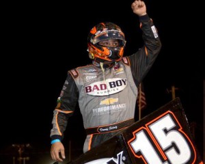 Donny Schatz celebrates in victory lane after scoring the World of Outlaws Sprint Car A-Main win Saturday night at Volusia Speedway Park.  Photo courtesy DIRTcar Nationals Media