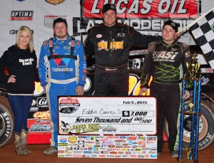 Eddie Carrier, Jr. (center) scored the season opening Lucas Oil Late Model Dirt Series feature Thursday night at Golden Isles Speedway.  Stormy Scott (right) finished in second, with Brandon Sheppard (left) in third.  Photo courtesy LOLMDS Media