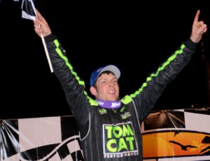 Kyle Strickler celebrates in victory lane after scoring the DIRTcar UMP Modifieds win in Thursday's DIRTCar Nationals at Volusia Speedway Park.  Photo courtesy DirtCar Nationals Media