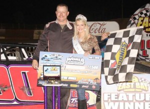 Tim Gay celebrates in East Bay Raceway Park's victory lane after winning Saturday's Street Stocks championship feature.  Photo courtesy EBRP Media