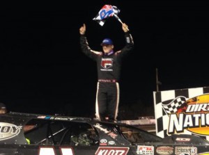 Ty Dillon celebrates after scoring the DIRTcar UMP Modified feature Friday night at Volusia Speedway Park.  Photo courtesy Team Dillon Racing