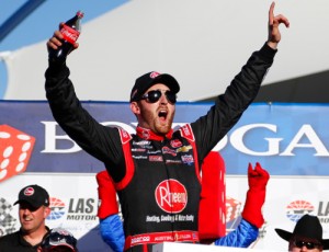 Austin Dillon celebrates after winning Saturda's NASCAR Xfinity Series race at Las Vegas Motor Speedway.  Photo by Matt Sullivan/NASCAR via Getty Images