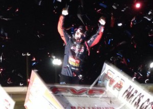 Brian Brown celebrates after scoring the World of Outlaws Sprint Car victory Saturday night at USA Raceway.  Photo courtesy WoO Media