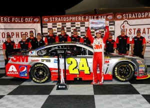 Jeff Gordon celebrates with his crew after winning the Coors Light pole award for Sunday's NASCAR Sprint Cup Series race at Las Vegas Motor Speedway.  Photo by Jonathan Ferrey/NASCAR via Getty Images