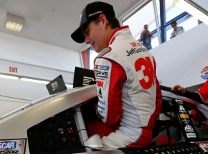 Jeff Gordon gets in his car in the garage during practice for Sunday's NASCAR Sprint Cup Series race at Las Vegas Motor Speedway.  Photo by Jonathan Ferrey/NASCAR via Getty Images