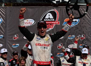 Joey Logano celebrates after winning Saturday's NASCAR Xfinity Series race at Phoenix International Raceway.  Photo by Chris Trotman/NASCAR via Getty Images