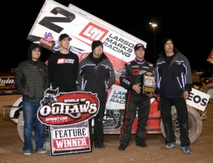 Shane Stewart celebrates with his team after scoring the World of Outlaws Sprint Car victory Wednesday night at The Dirt Track at Las Vegas Motor Speedway.  Photo courtesy of World of Outlaws/Chris Dolack