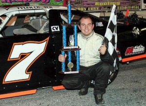 Tyler Church topped the field to score the win in the PASS South Super Late Model Series at Dillon Motor Speedway Saturday night.  Photo by Laura / LWpictures.com