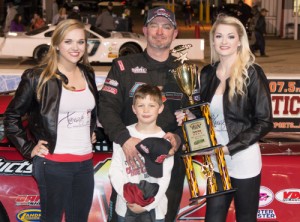 Augie Grill celebrates in victory lane after scoring the victory in the first Pro Late Model feature Saturday night at Montgomery Motor Speedway.  Photo courtesy MMS Media