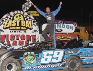 Bryan Bernhardt made his first trip of the season to East Bay Raceway Park's victory lane with a win in the Late Model feature Saturday night.  Photo courtesy EBRP Media