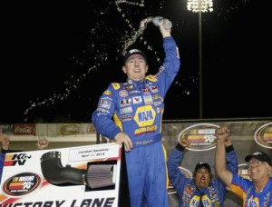 Chris Eggleston celebrates his second career NASCAR K&N Pro Series West win Saturday night at Irwindale Speedway. Photo by Getty Images for NASCAR