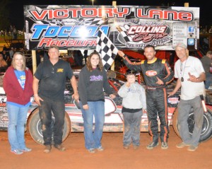 Colby Cannon celebrates in Toccoa Raceway's victory lane after scoring the FASTRAK Pro Late Model victory Saturday night.  Photo by DTGW Productions / CW Photography