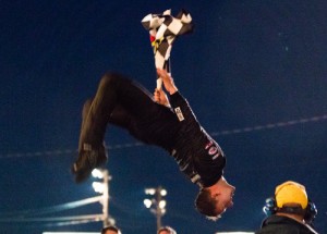 Daniel Hemric does a back flip after winning Saturday night's Southern Super Series feature at Fairgrounds Speedway Nashville.  Photo by Barry Cantrell/Short Track Spotlight