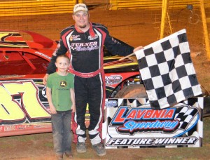 David McCoy doubled up on Friday night with wins in both the FASTRAK Pro Late Model and Limited Late Model features at Lavonia Speedway.  Photo by DTGW Productions / CW Photography