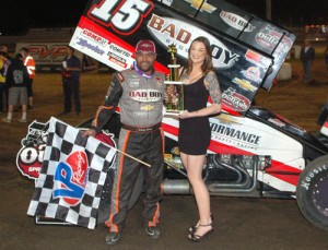 Donny Schatz, seen here from an earlier victory, scored the win in Wednesday night's World of Outlaws Sprint Car Series race at Placerville Speedway.  Photo by Steve Cox