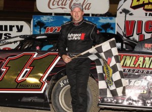 Doug Horton celebrates in victory lane after winning Saturday night's Late Model feature at East Bay Raceway Park.  Photo courtesy EBRP Media