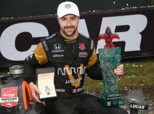 James Hinchcliffe celebrates in victory lane after winning Sunday's inaugural Verizon IndyCar Series race at NOLA Motorsports Park.  Photo by Chris Jones