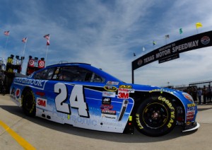 Jeff Gordon drives through the garage area during practice for Saturday's NASCAR Sprint Cup Series race at Texas Motor Speedway.  Photo by Robert Laberge/Getty Images for Texas Motor Speedway