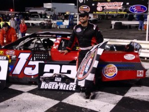 Kres VanDyke stands in victory lane after sweeping both Late Model Stock features at Lonesome Pine Raceway Saturday night. Photo by SNF Motorsports