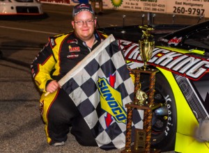 R.S. Senter smiles in victory lane after winning Saturday night's Pro Late Model feature at Montgomery Motor Speedway.  Photo courtesy MMS Media