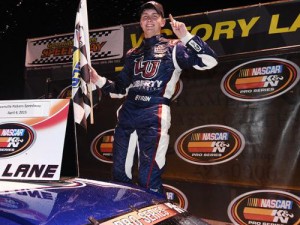 William Byron celebrates after scoring his first career NASCAR K&N Pro Series East victory Saturday night at Greenville Pickens Speedway.  Photo by Getty Images for NASCAR