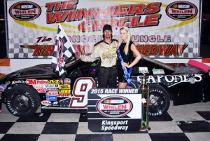 Zeke Shell celebrated his first Late Model Stock win of 2015 at Kingsport Speedway in victory lane on Friday night.  Photo courtesy Kingsport Speedway Media