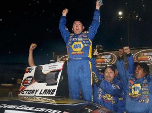 Chris Eggleston celebrates his third career NASCAR K&N Pro Series West win and second of the season Saturday night at Shasta Speedway.  Photo by Getty Images for NASCAR