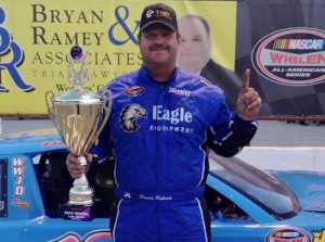 David Roberts is all smiles in victory lane after winning Saturday night's Late Model Stock feature at Greenville Pickens Speedway.  Photo courtesy GPS Media