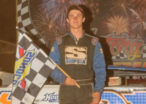 Joey Armistead celebrates in victory lane after winning his first Limited Late Model feature at Senoia Raceway.  Photo by Francis Hauke/22fstops.com