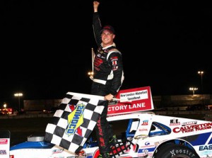 Ryan Preece celebrates his second win at New London-Waterford Speedbowl in Connecticut Saturday and his 12th on the NASCAR Whelen Modified Tour.  Photo by Getty Images for NASCAR