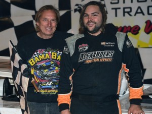 William Thomas celebrates his 12th career NeSmith Chevrolet Dirt Late Model Series win with his father Billy Thomas on Friday night at Talladega Short Track.  Photo courtesy NeSmith Media