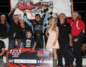 Willie Allen celebrates with his team after scoring his second straight Pro Late Model victory at Fairgrounds Speedway Nashville on Saturday night.  Photo courtesy FSN Media