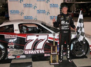 Zane Smith celebrates in victory lane at Kingsport Speedway after winning Sunday's Daniel Boone Classic 150 for the PASS South Super Late Model Series.  Photo courtesy PASS Media