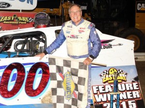 Buzzie Reutimann celebrates in victory lane after scoring the Open Wheel Modified feature victory Saturday night at East Bay Raceway Park.  Photo courtesy EBRP Media