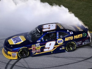 Chase Elliott celebrates with a burnout after winning last year's NASCAR Xfinity Series race at Chicagoland Speedway.  Photo by Jonathan Daniel/Getty Images