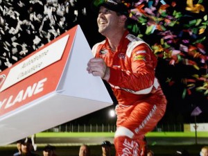 Jason Hathaway celebrates winning the NASCAR Canadian Tire Series race at Autodrome Chaudière for the second straight year.  Photo by Matthew Murnaghan/NASCAR